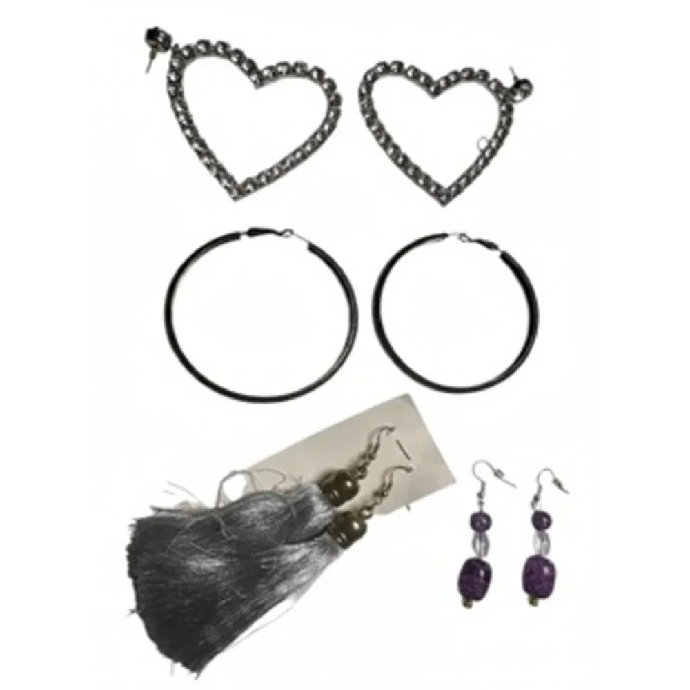 Fashion Earring Bundle 4 Pairs Heart Rhinestone Hammered Hoops Tassel Glass Bead